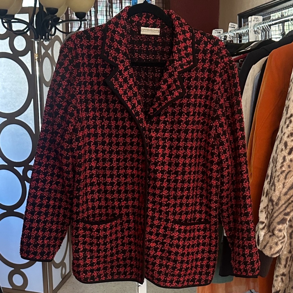 Vintage Coldwater Creek Red Black Boucle Plaid Blazer Jacket L